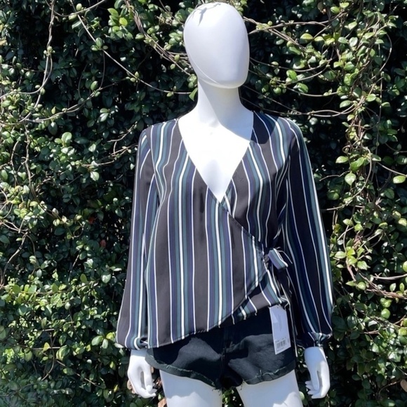 Express Bohemian Wrap Style Stripe Plunge V-Neck Blouse - Picture 1 of 11